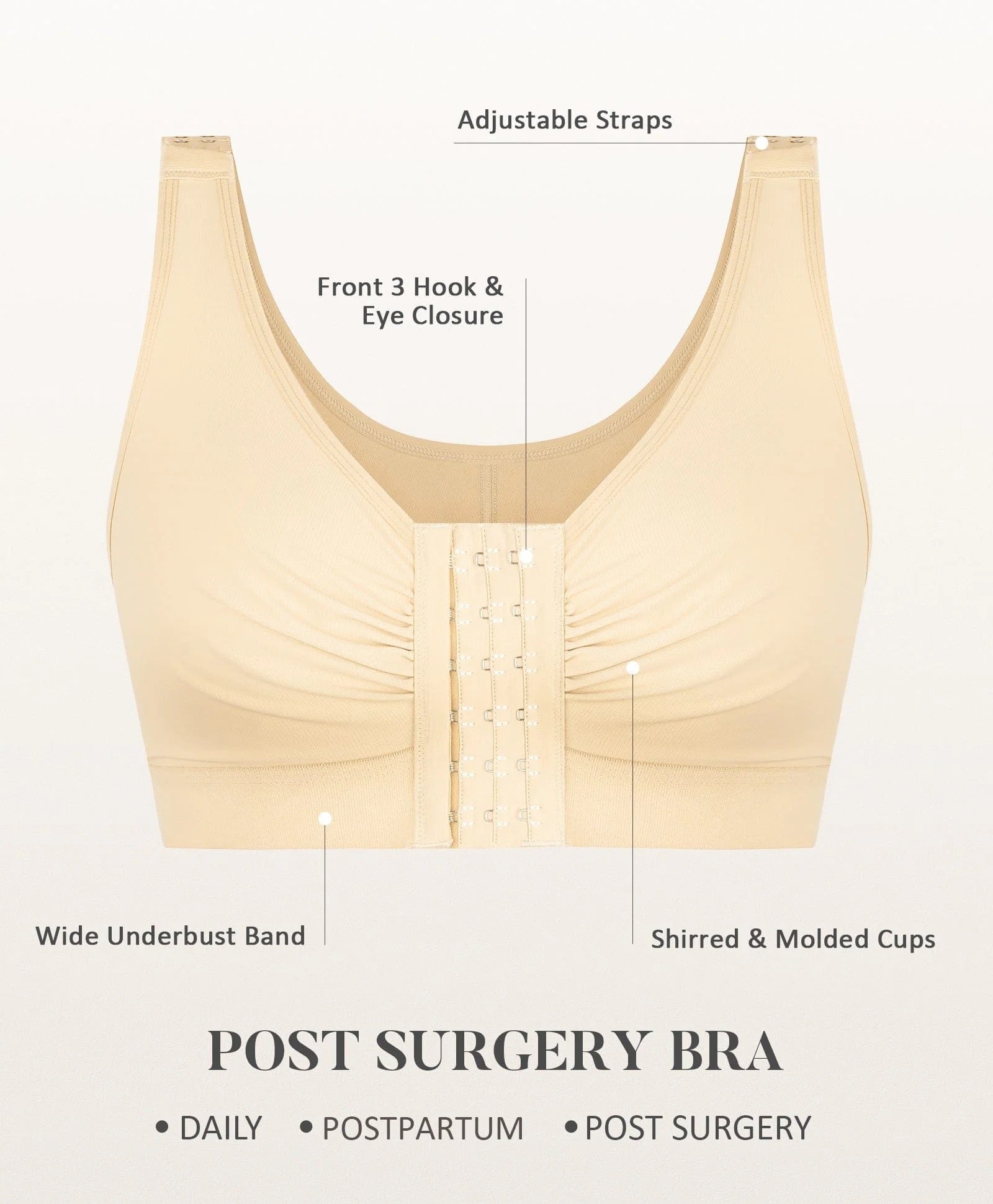 Adjustable Front Closure Post-Surgery Bra with Triple Hooks